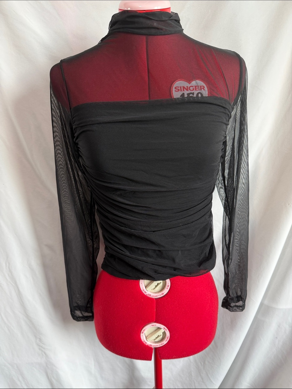 Sheer Black Ruched Long-Sleeve Blouse